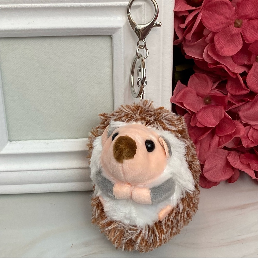 Fluffy Brown and White Hedgehog Keychain Charm